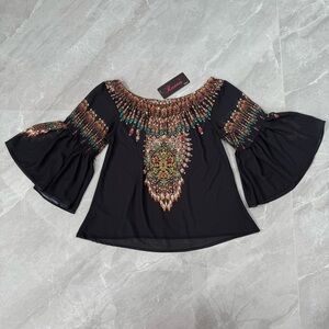 Women’s Ranee’s Miami Beaded Flare Sleeve Sheer Off The Shoulder Top Medium